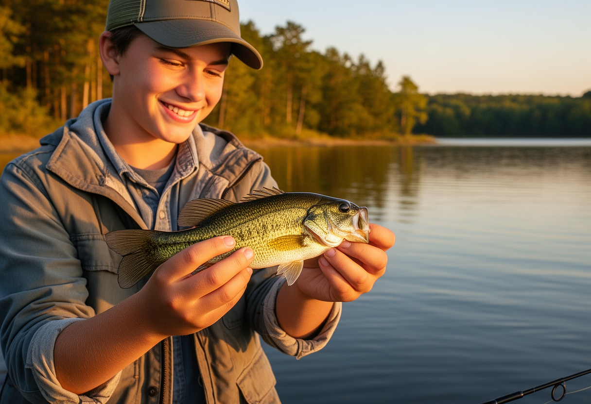 Beginner angler holding first fish catch by a calm lake