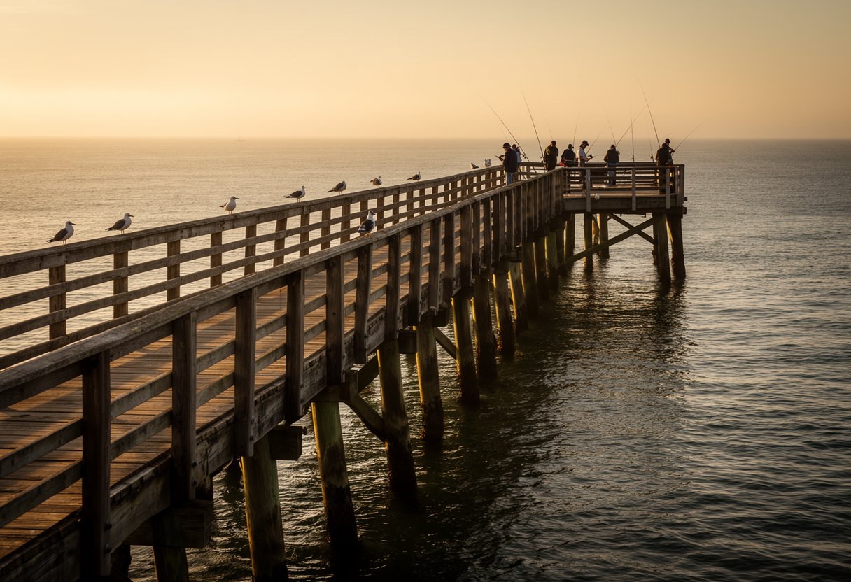 Wide view of a wooden public fishing pier extending over calm water at sunset with anglers fishing from the end platform