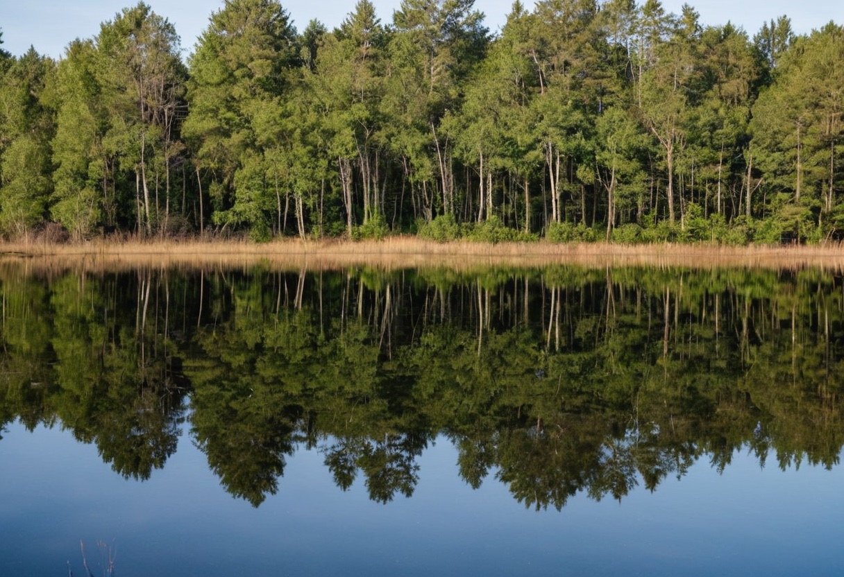 Calm lake surface reflecting a clear blue sky on a high-pressure day
