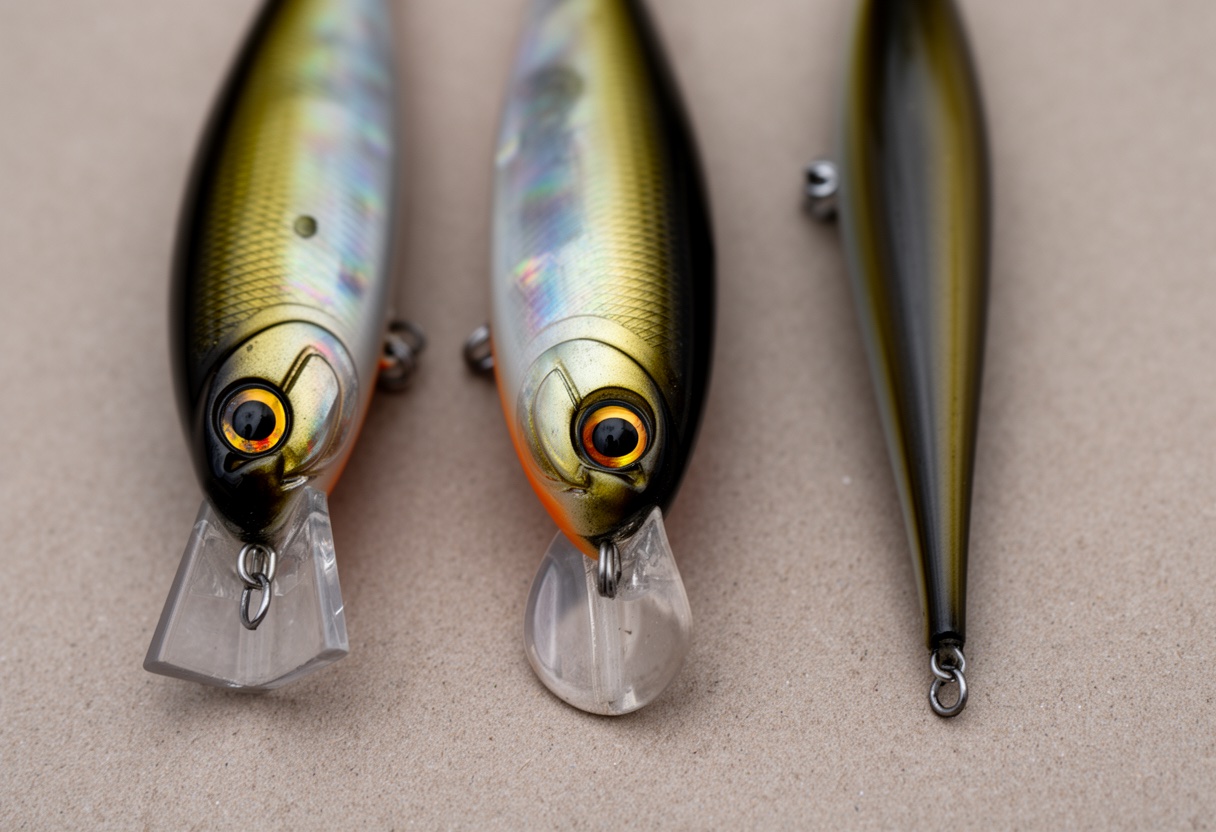 Three crankbaits showing different bill shapes: square, round, and long bill