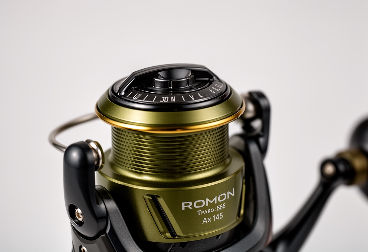 Close-up of spinning reel drag adjustment knob on top of spool