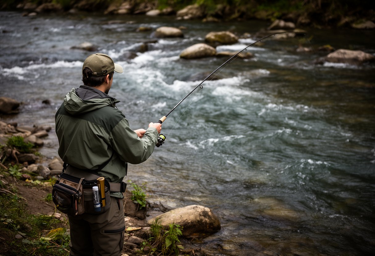Angler fishing from a river bank with visible current flowing past rocks