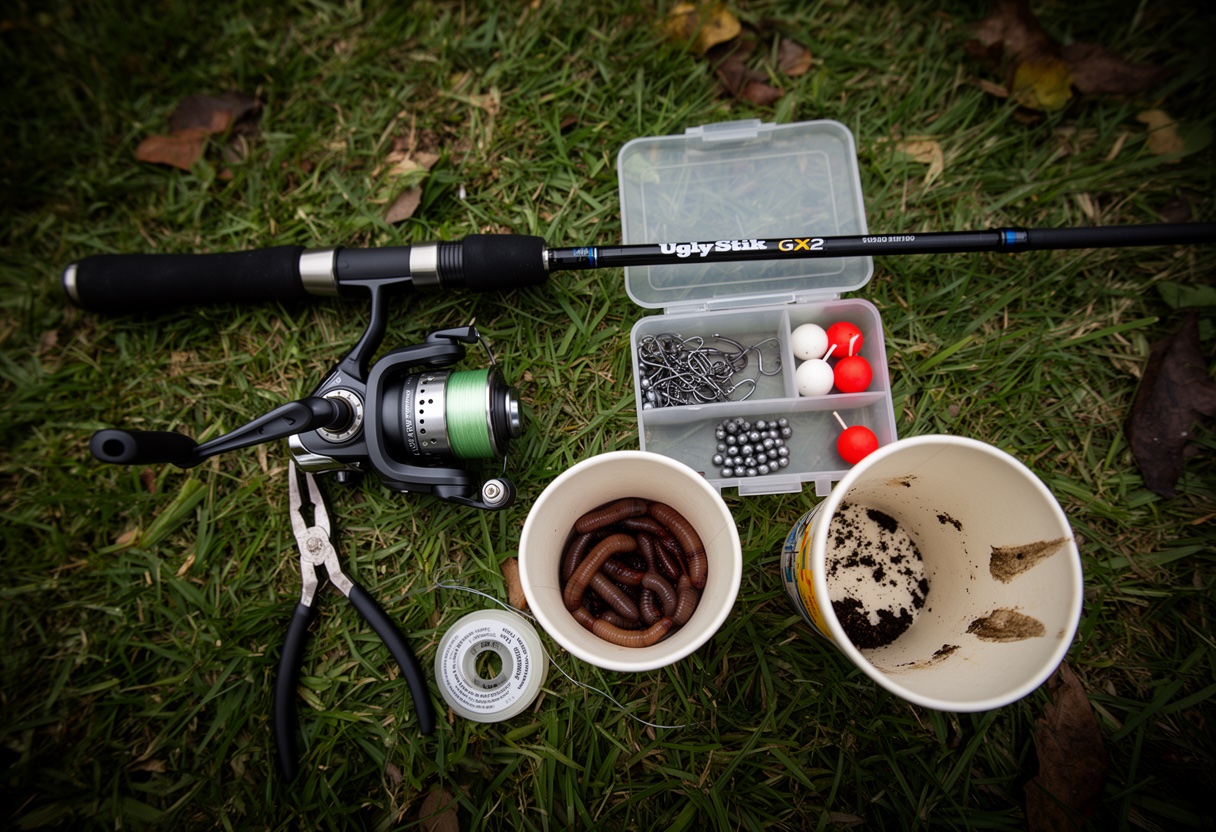 Complete budget fishing setup laid out on grass — rod, reel, tackle, bait