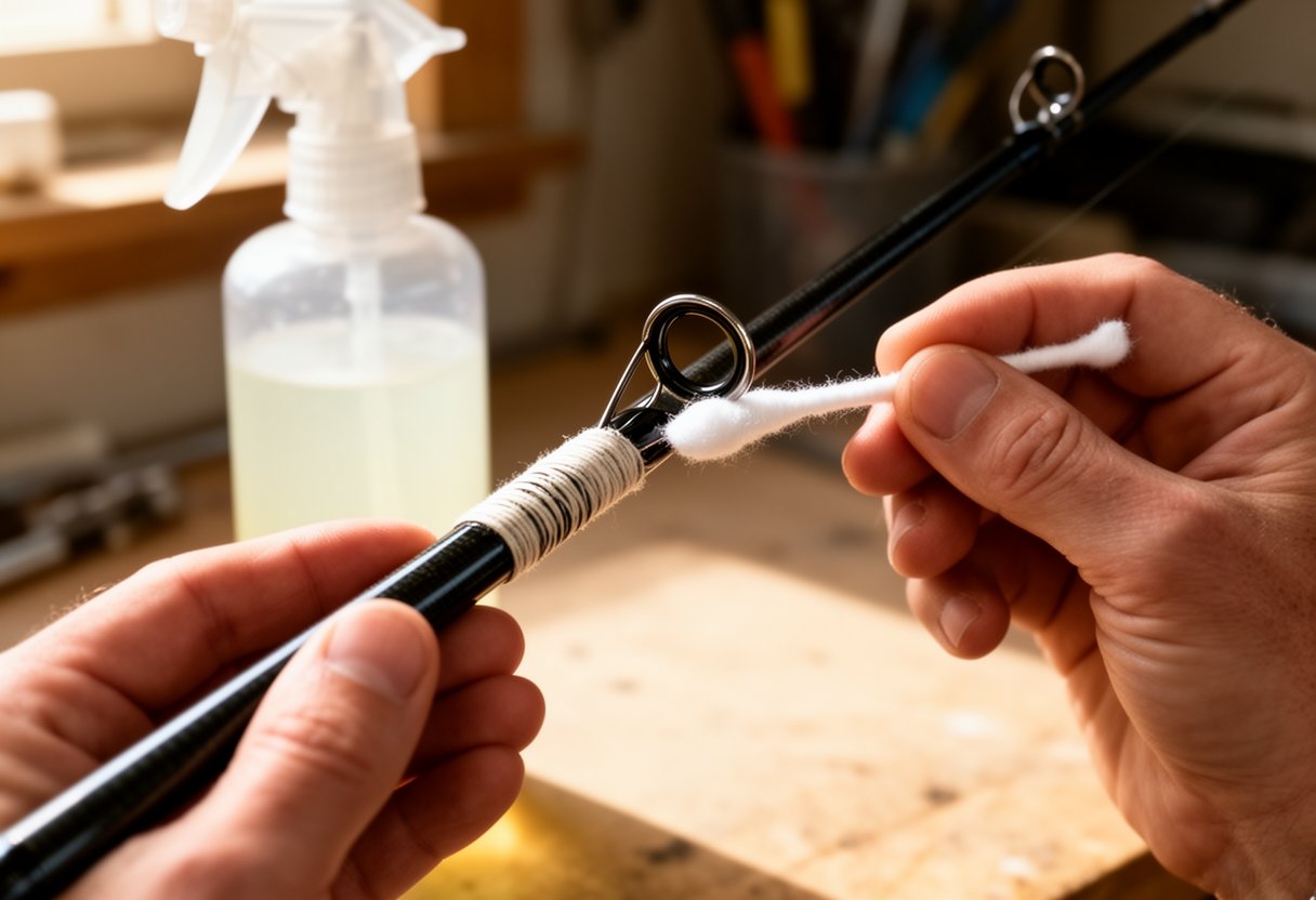 Close-up of hands cleaning fishing rod guides with a cotton swab, showing the guide ring and buildup being removed.