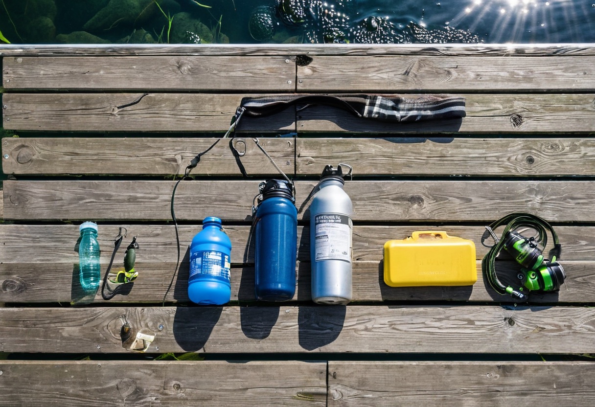 Fishing gear laid out on a dock bench including first aid kit, sunscreen, water bottle, and tackle box