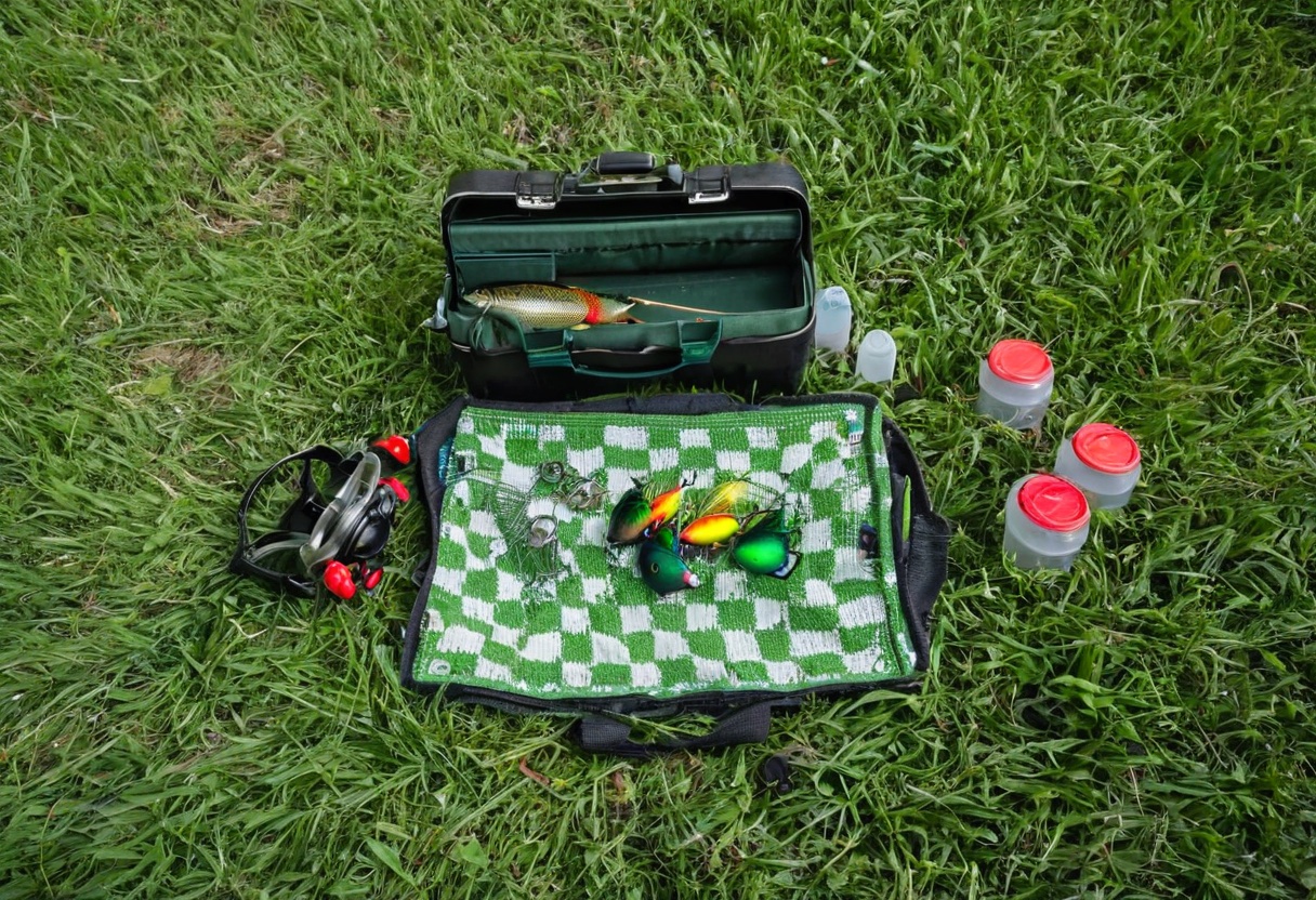 Children's fishing gear laid out on a green picnic blanket including a small spincast rod, tackle box, and colorful bobbers