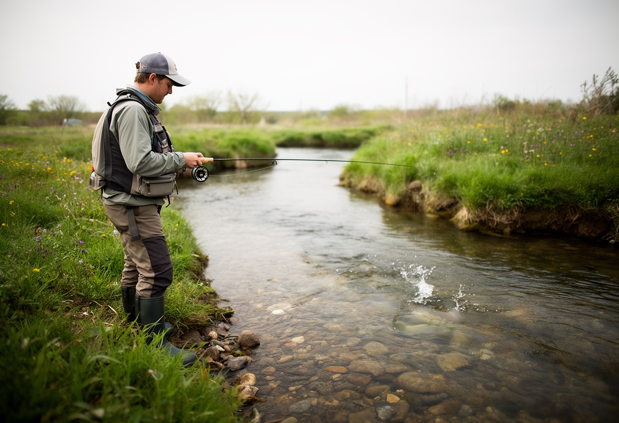 Fly angler standing at river bank preparing to cast at dawn