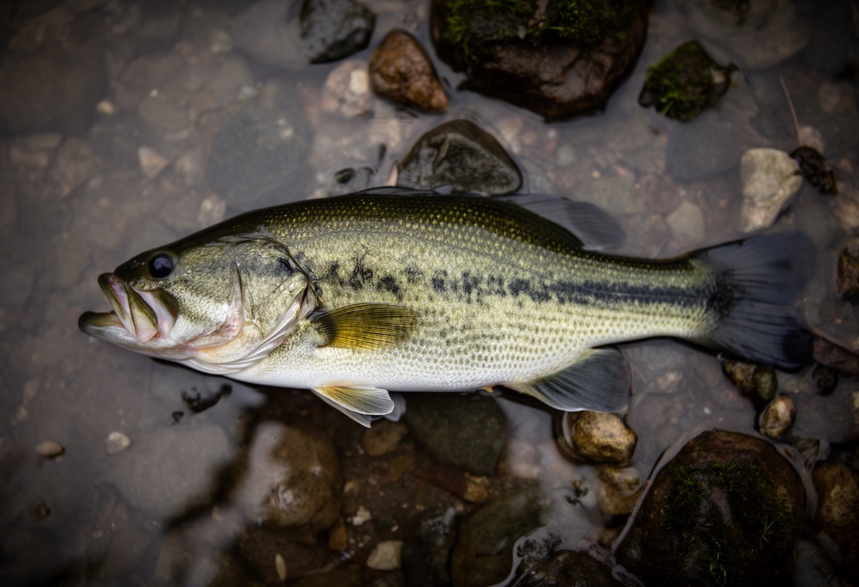 Side-by-side comparison of largemouth and smallmouth bass showing the jaw-to-eye difference