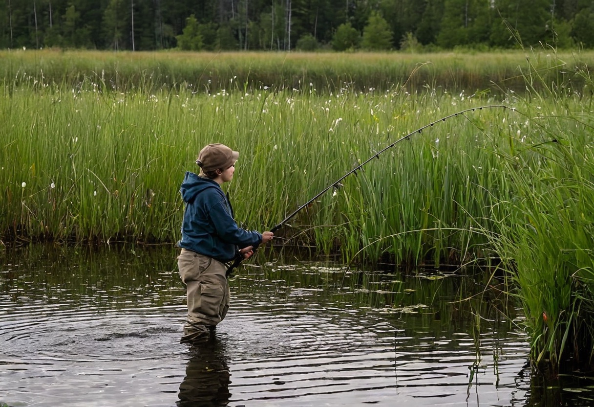 Beginner angler with bent fishing rod, fish hooked on the line at a pond