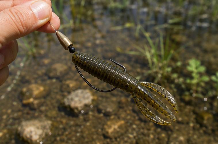 A Texas-rigged creature bait — the hook point is tucked into the bait body for weedless fishing
