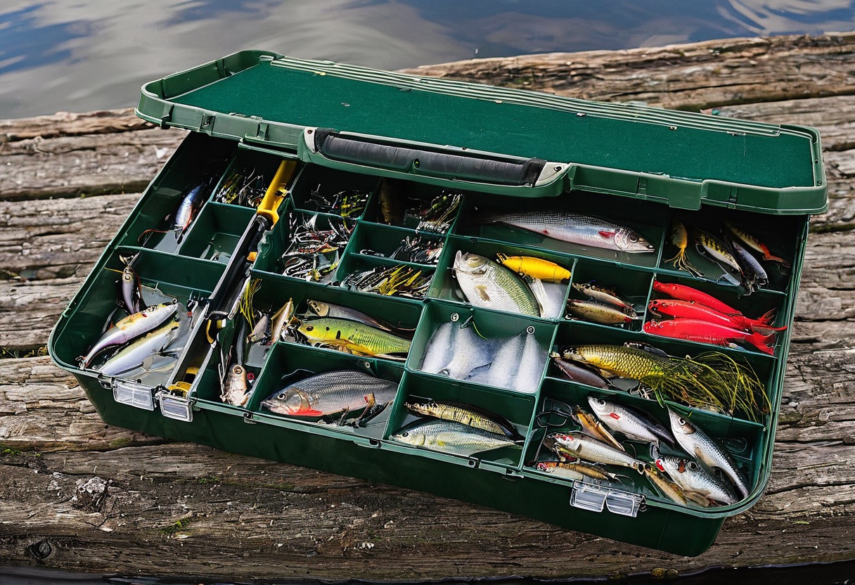 Hard-sided tackle box with clearly separated trays for hard baits, soft plastics, and terminal tackle