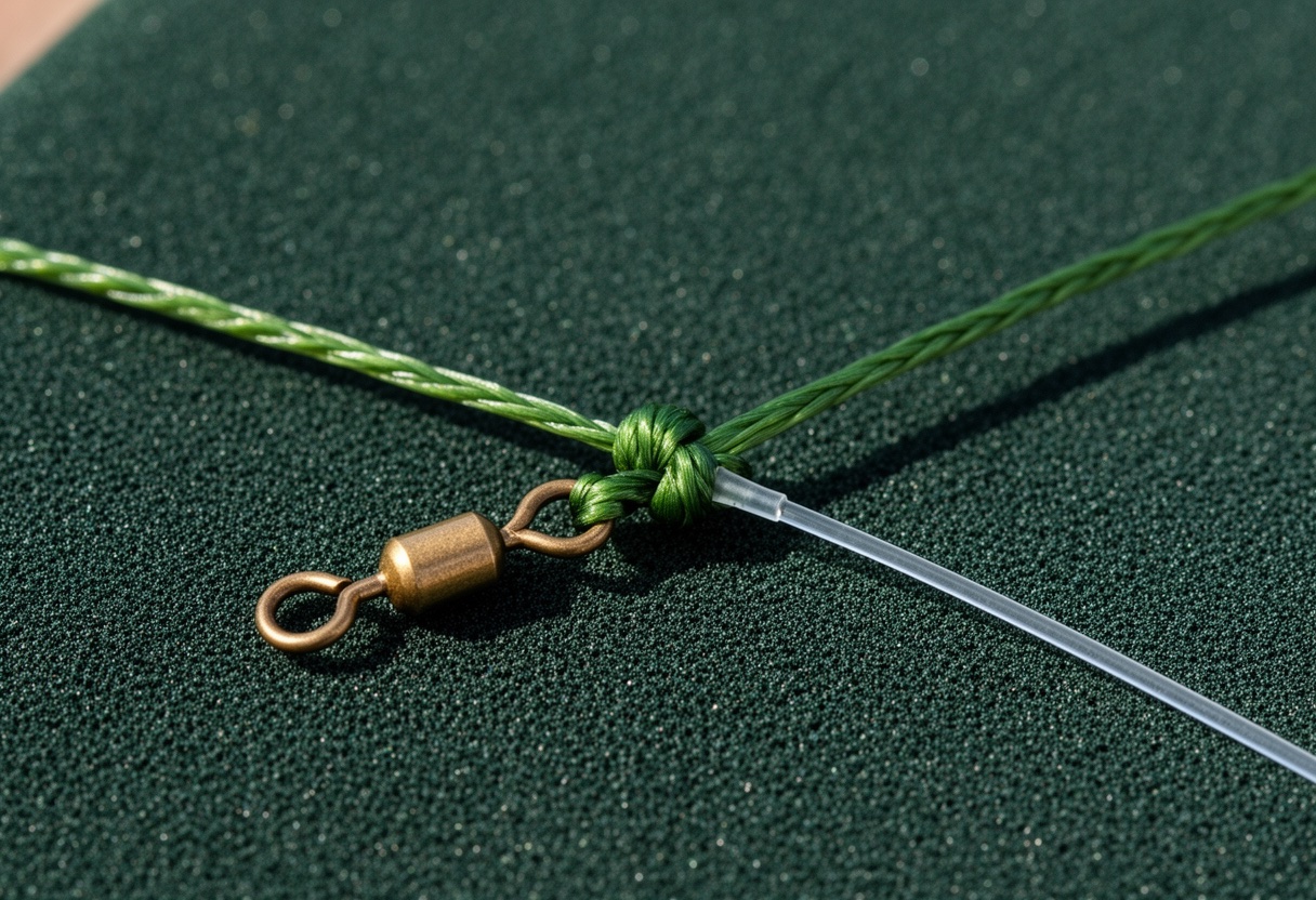 Close-up of braided main line connected to fluorocarbon leader with a swivel knot