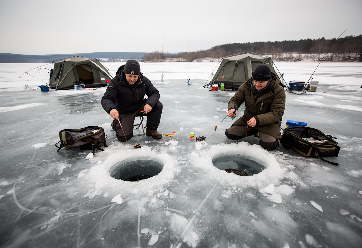 Anglers ice fishing through holes in the ice with small portable shelters on a frozen lake