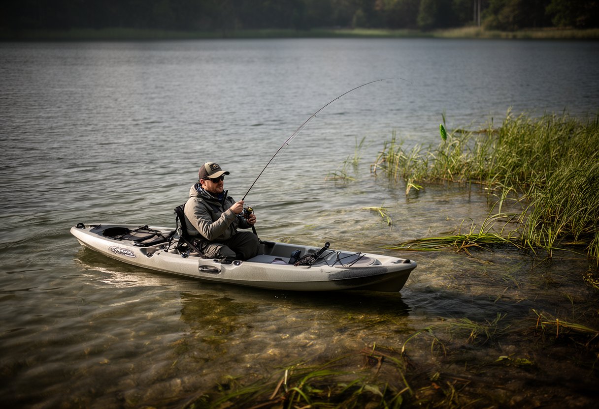 Angler fishing from a kayak in shallow water near a weed-lined shore