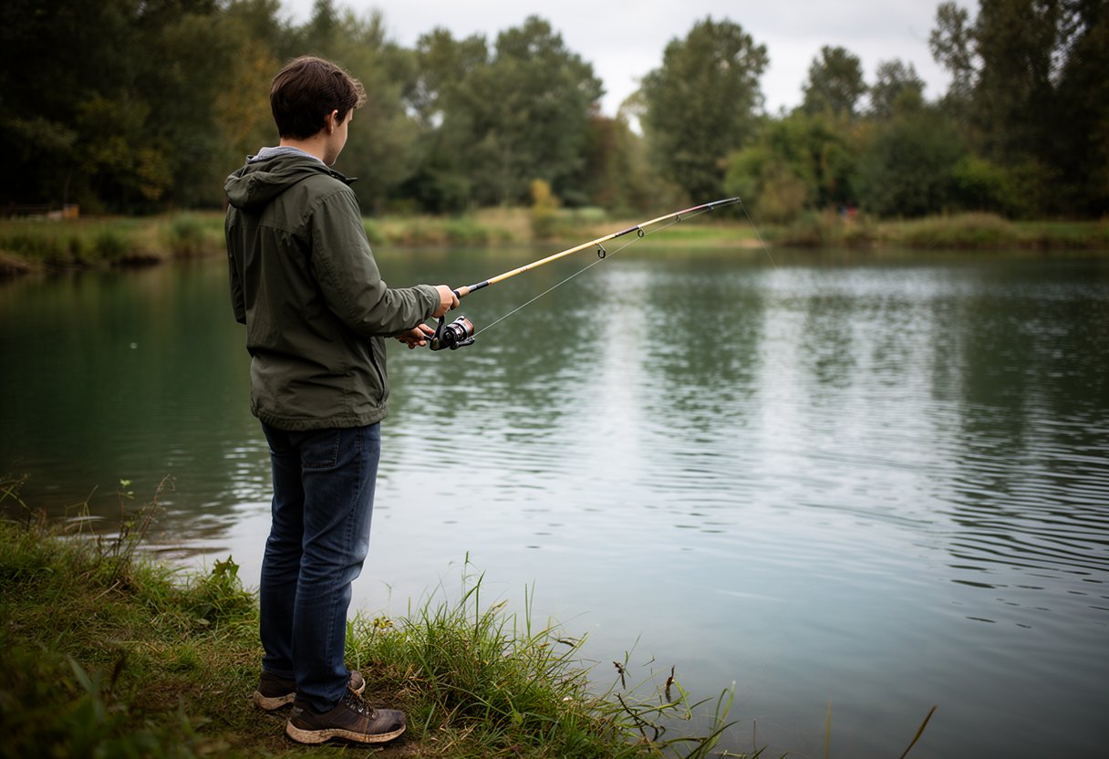 A person in casual clothing fishing at the edge of a calm pond with trees in the background