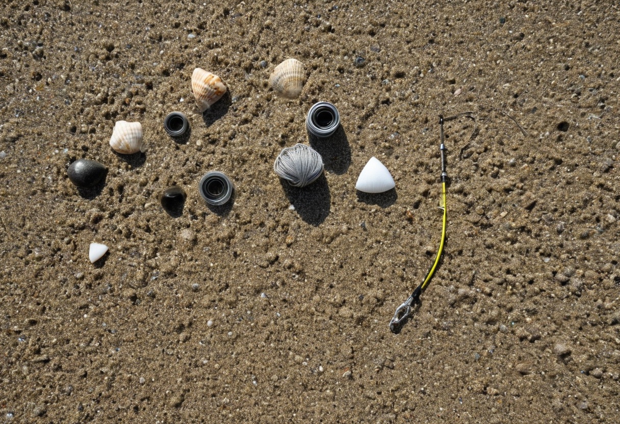Overhead view of surf fishing gear laid out on wet sand: rod, reel, line, and sinkers