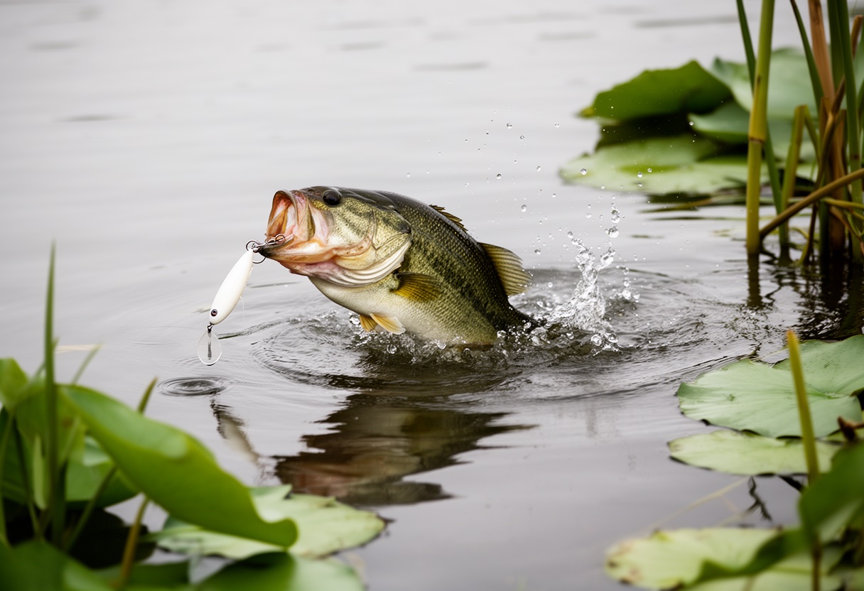 Largemouth bass pursuing a white paddle tail swimbait near the water surface