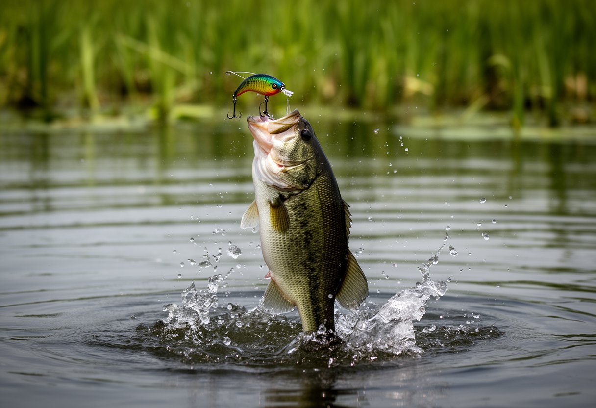 Largemouth bass exploding from below surface to strike a topwater lure creating a dramatic splash