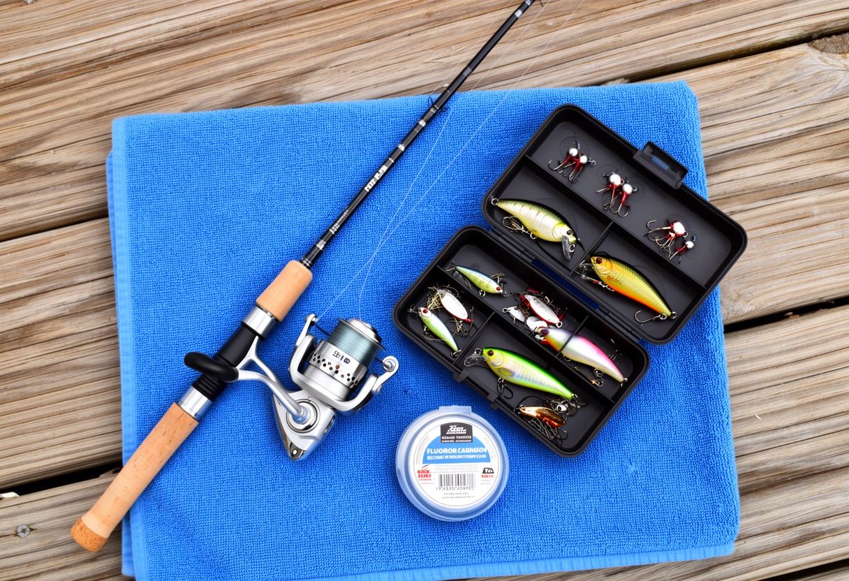 Fishing gear arranged on a towel: medium-light spinning rod, reel, tackle box with walleye-specific lures and jigheads
