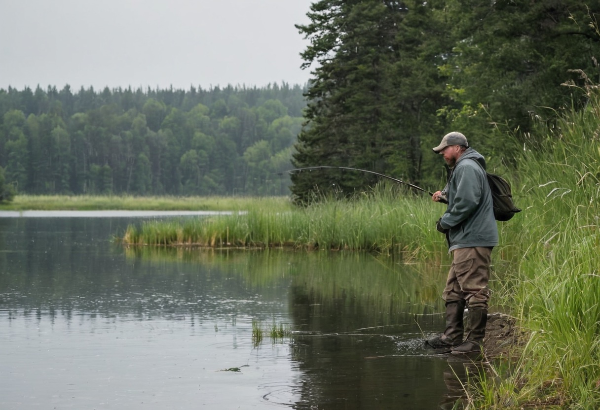Angler reeling in from a grassy lake bank with rod at forty-five-degree angle
