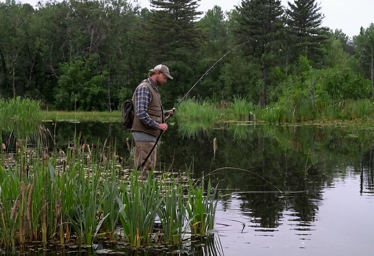 Angler testing drag setting on their spinning reel at a quiet pond