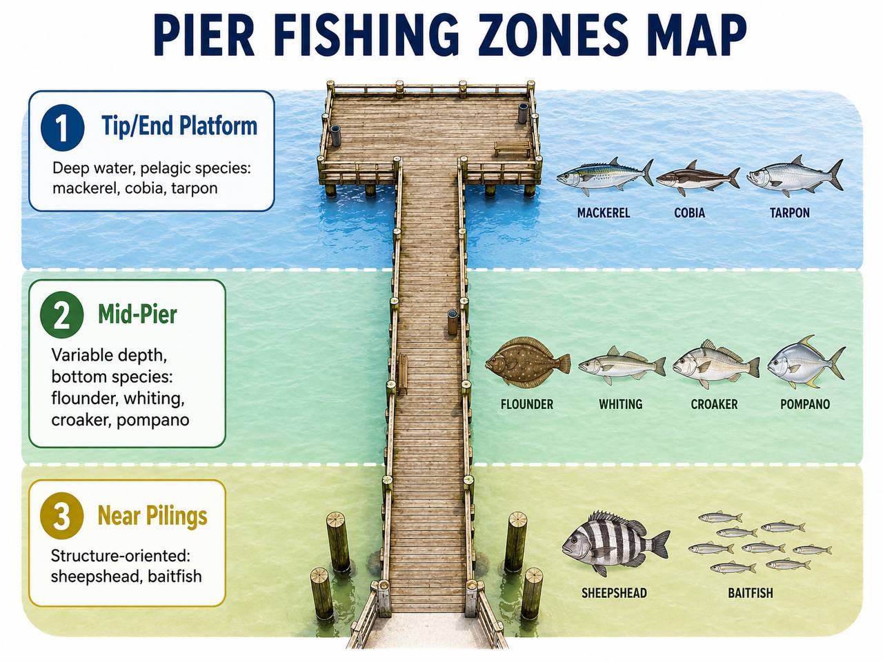 Bird's-eye diagram of a T-shaped pier showing fishing zones at the tip, mid-section, and near pilings with common species