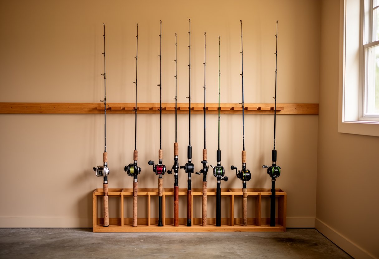 Fishing rods stored vertically on a wall-mounted wooden rack in a clean garage or gear room.