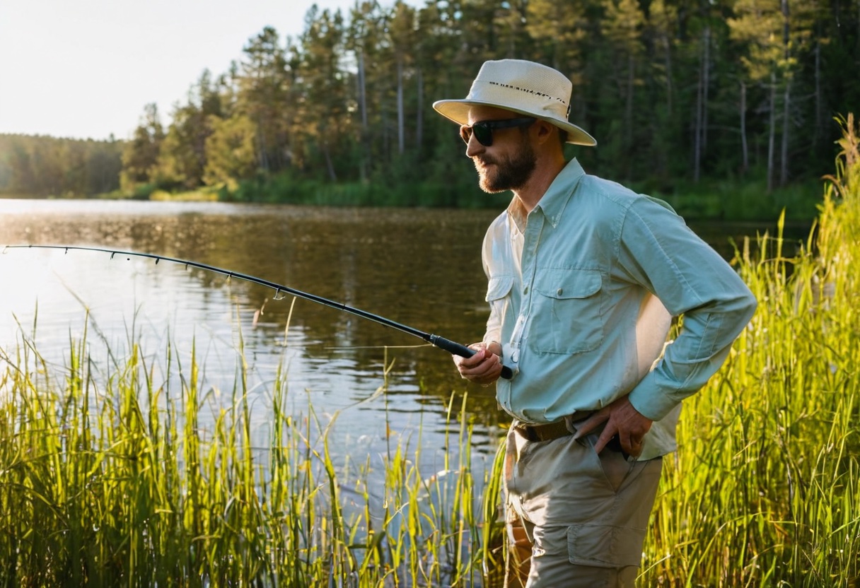 Angler wearing a wide-brim hat, polarized sunglasses, and UPF long-sleeve shirt while fishing from a bank