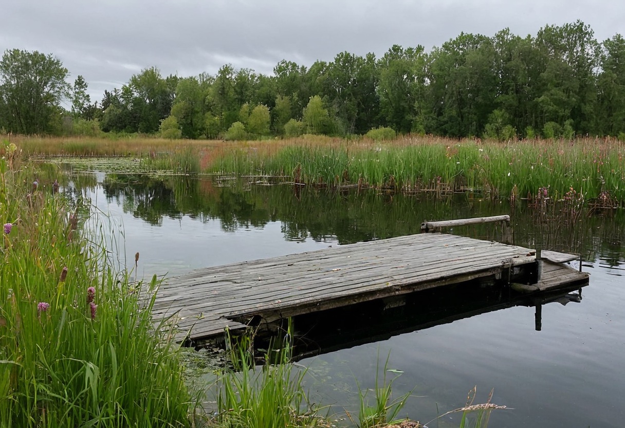 Calm stocked pond with a small wooden dock, grassy banks, and overcast sky
