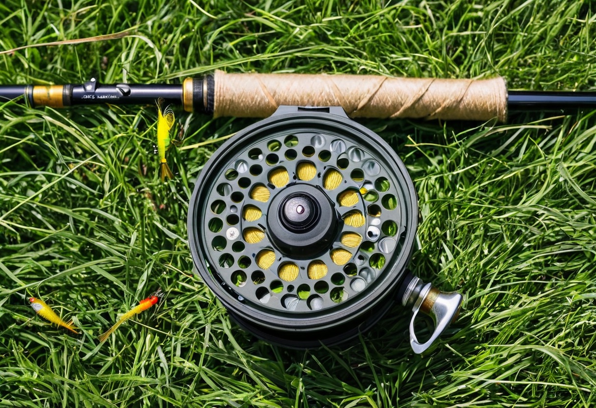 Beginner fly fishing gear laid out: rod, reel, fly box, and tippet spools on grass