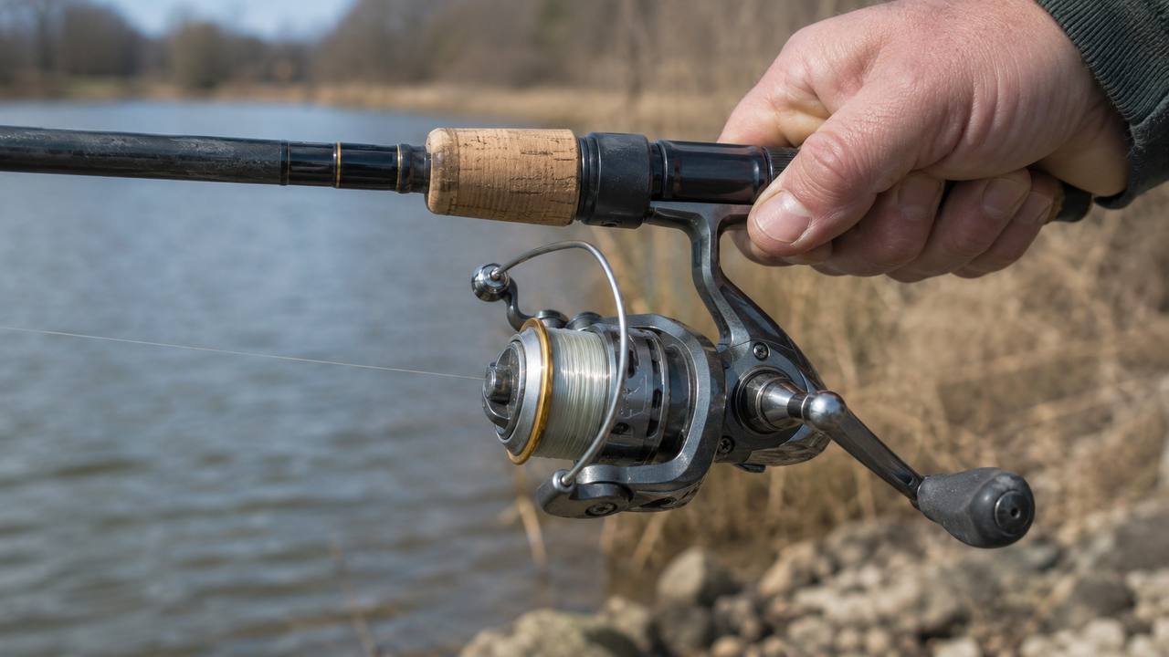 Close-up of a spinning reel mounted on a fishing rod showing the bail, handle, and spool