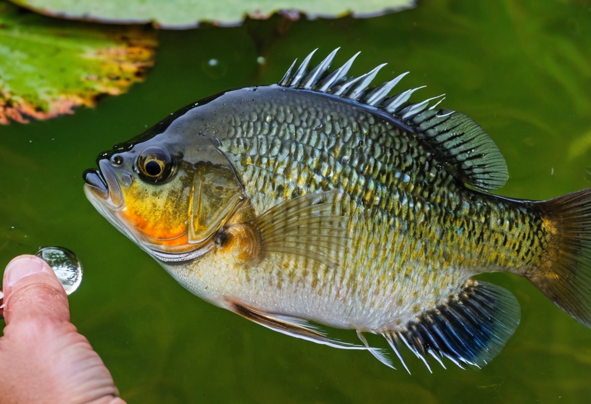 Close-up of a bluegill showing the black ear flap with bright orange margin