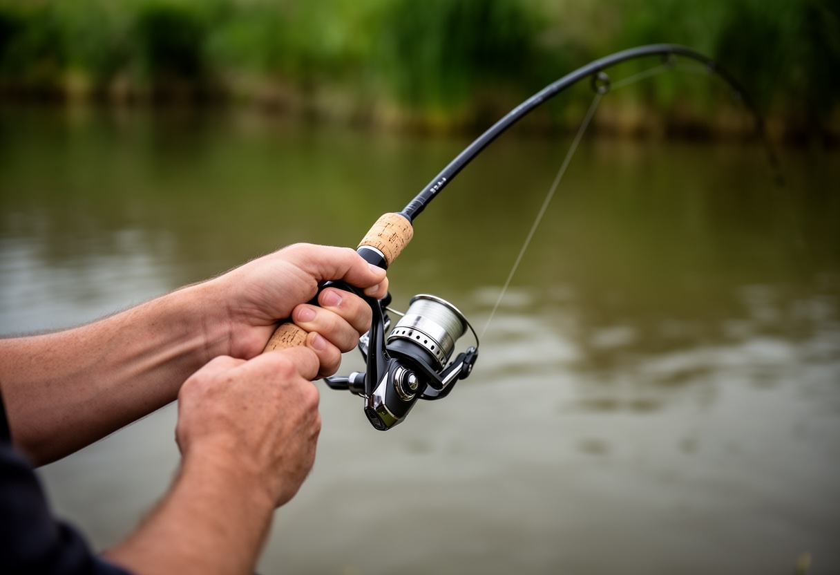 Close-up of hands gripping a fishing rod handle demonstrating the hook-set sweeping motion