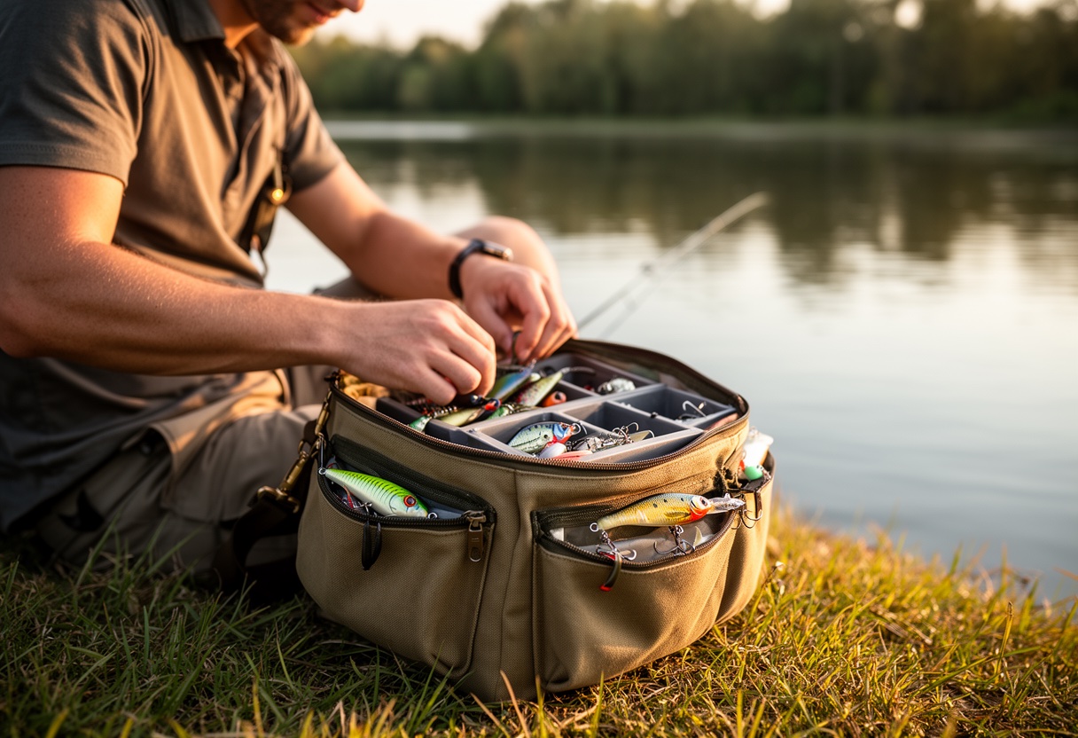 Beginner angler organizing tackle in a soft-sided bag on a lakeshore