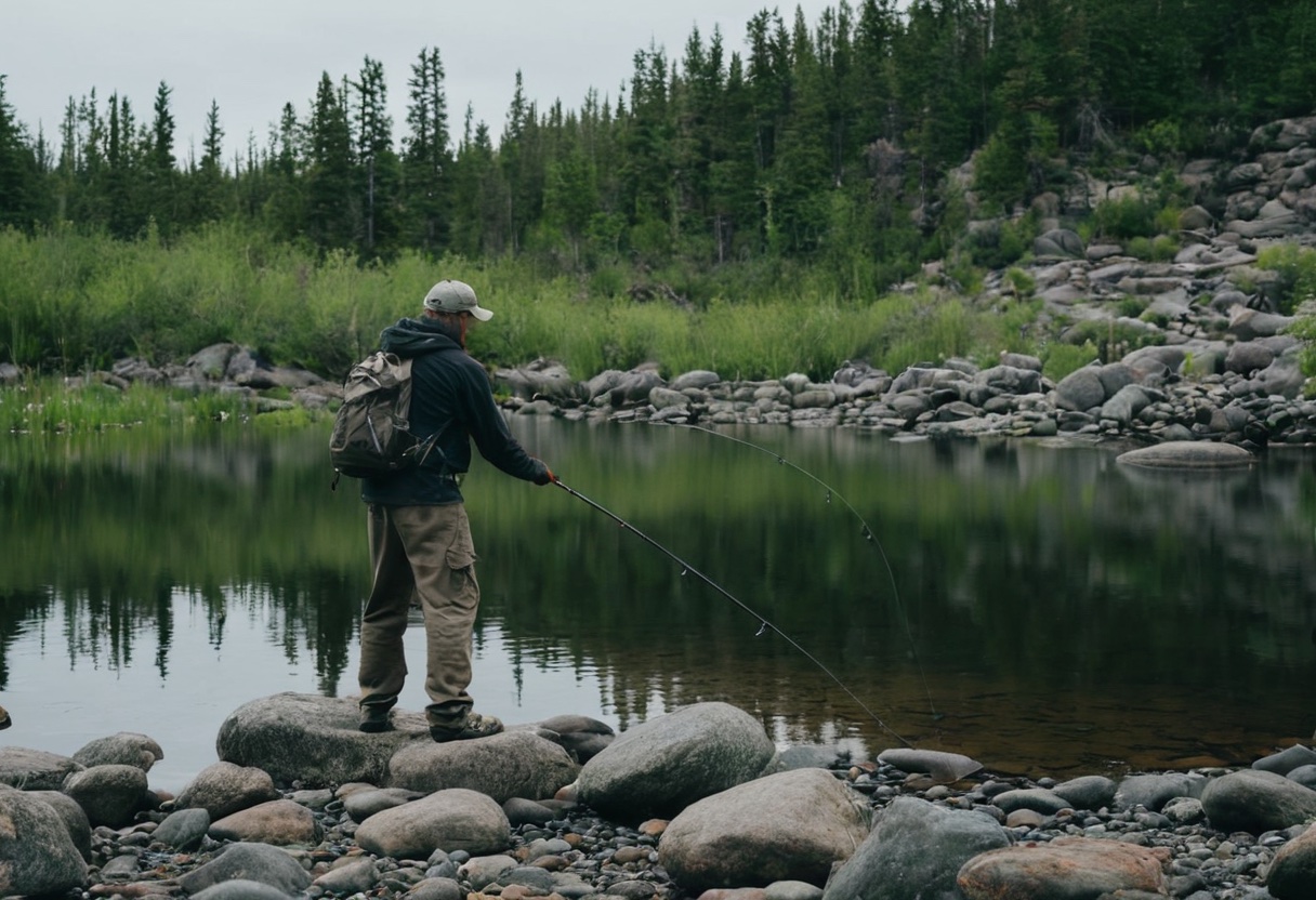 Angler casting from a rocky lake bank where structure can abrade fishing line