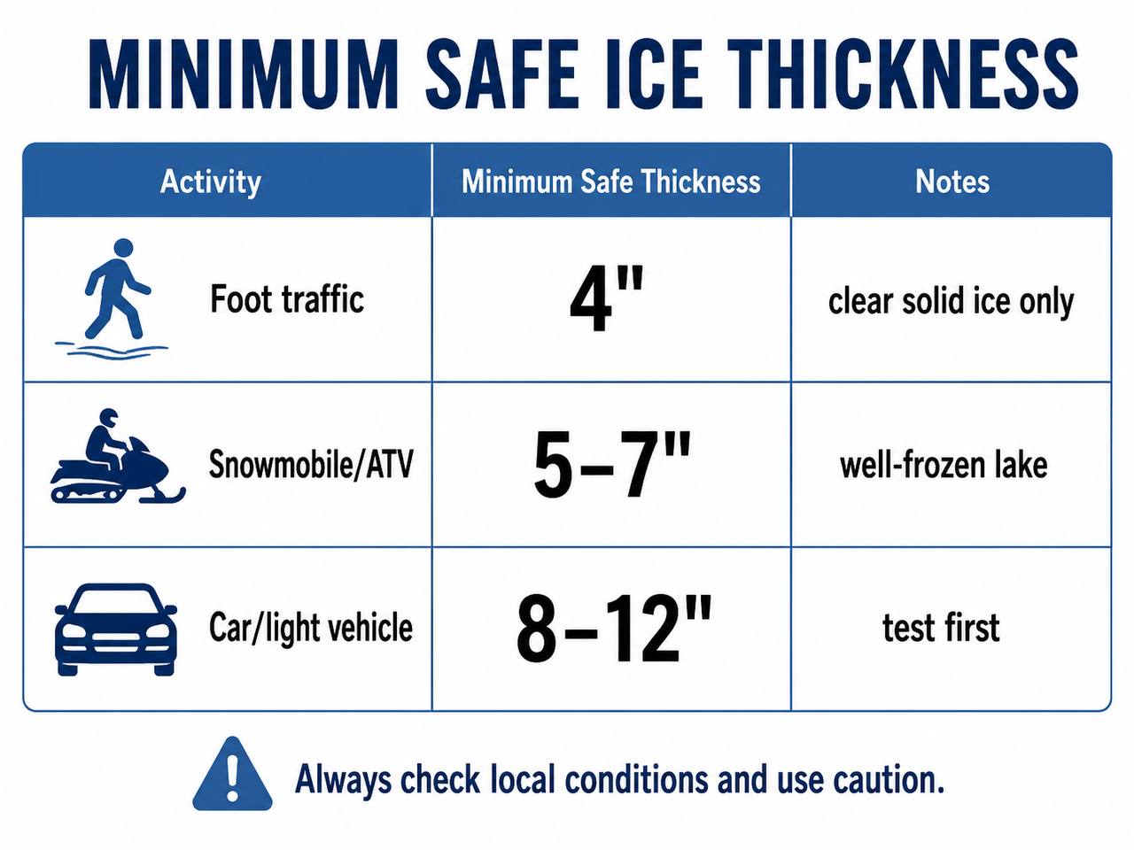 Chart showing minimum safe ice thickness for different activities: 4 inches for walking, 5-7 inches for snowmobiles, 8-12 inches for cars