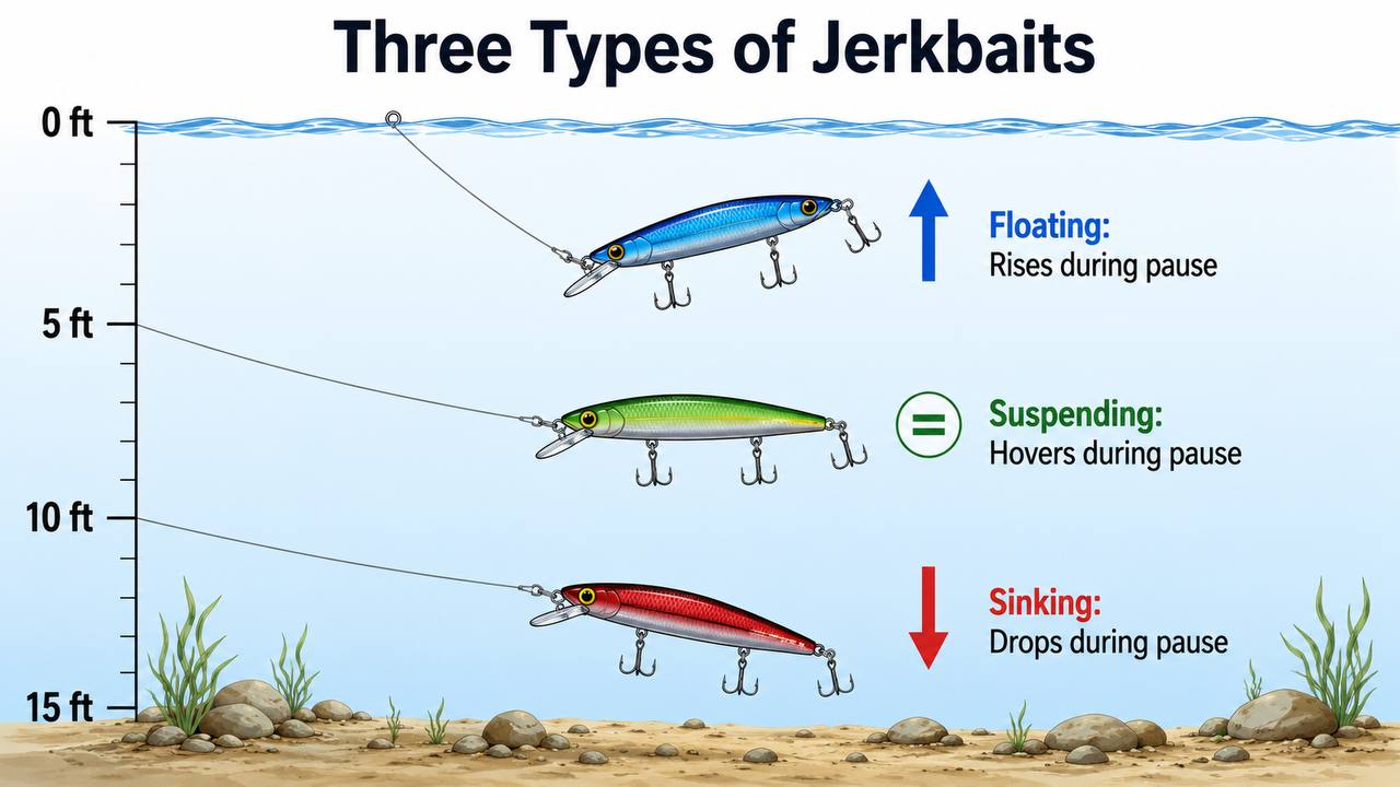 Diagram showing how floating, suspending, and sinking jerkbaits behave at different depths during a pause