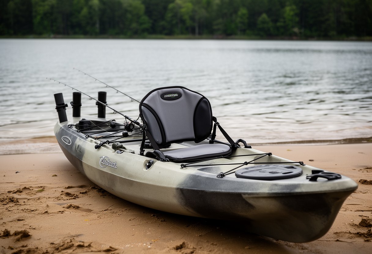 Sit-on-top fishing kayak on sandy shore showing rod holders and storage hatch