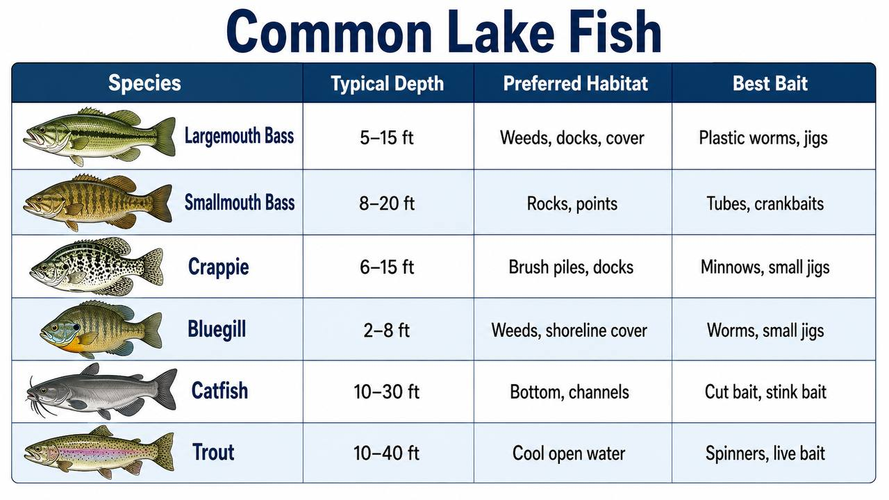 Comparison chart showing common lake fish species with their preferred depth range, habitat, and best bait types
