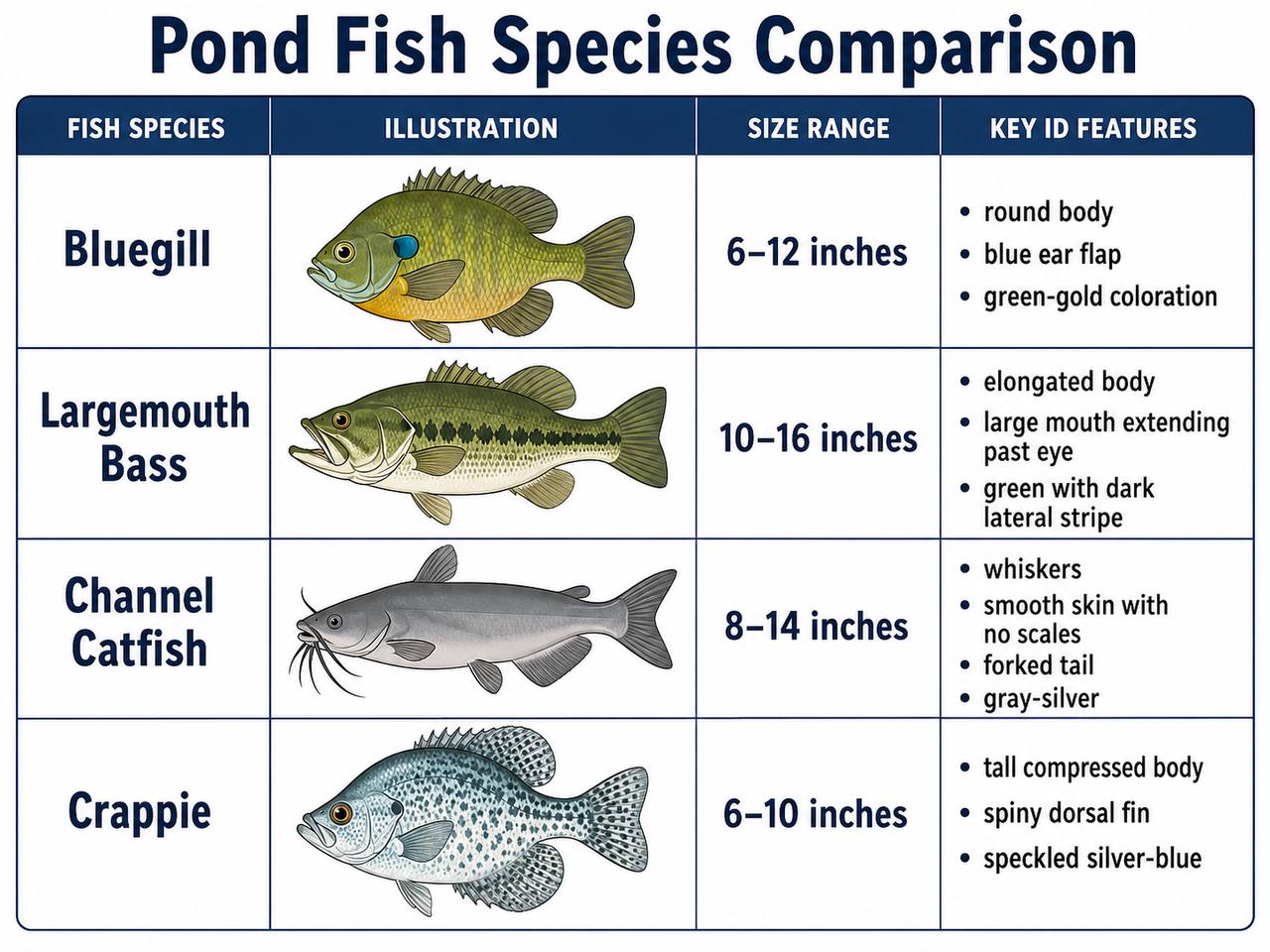 Comparison chart showing the four common pond fish species: bluegill, largemouth bass, channel catfish, and crappie with size references