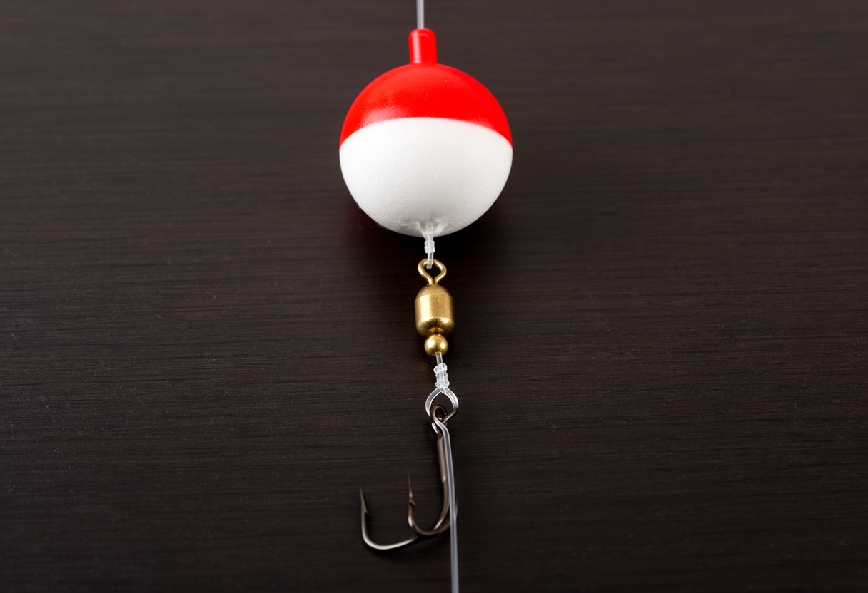 Close-up of a completed fixed bobber rig showing a round Carolina bobber, split shot sinker, and worm hook on clear fishing line