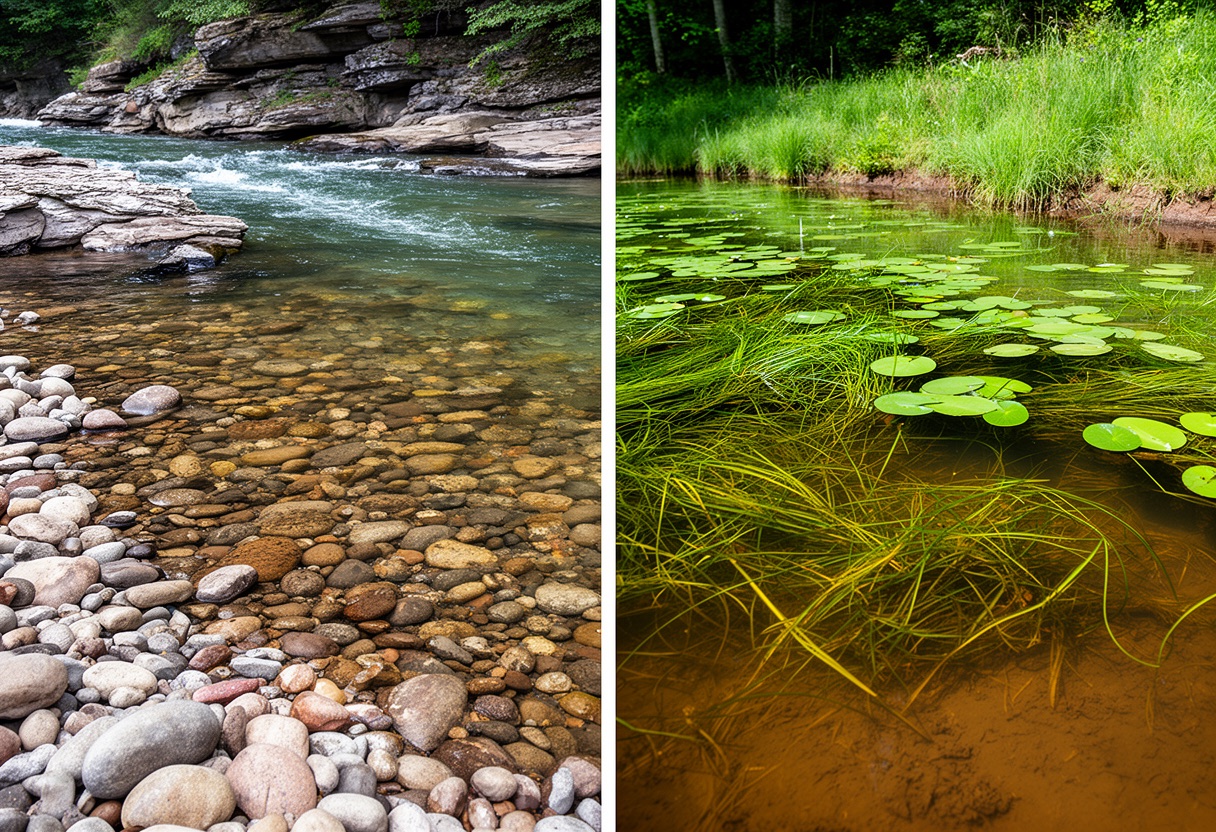 Split view showing clear rocky smallmouth habitat on one side and murky weedy largemouth habitat on the other.