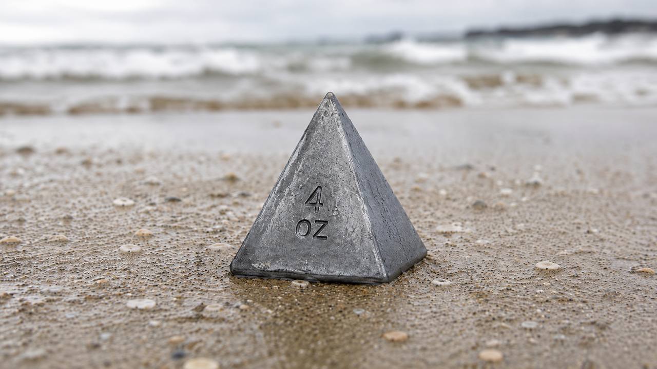 Three types of surf fishing sinkers — pyramid, bank, and sputnik — on wet sand