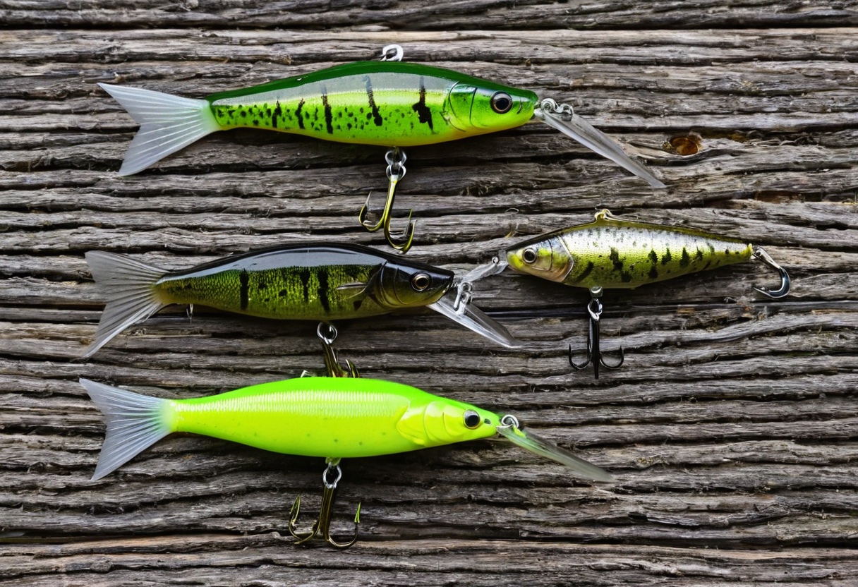 Three types of soft plastic swimbaits — paddle tail, hollow body, and creature bait — arranged for comparison