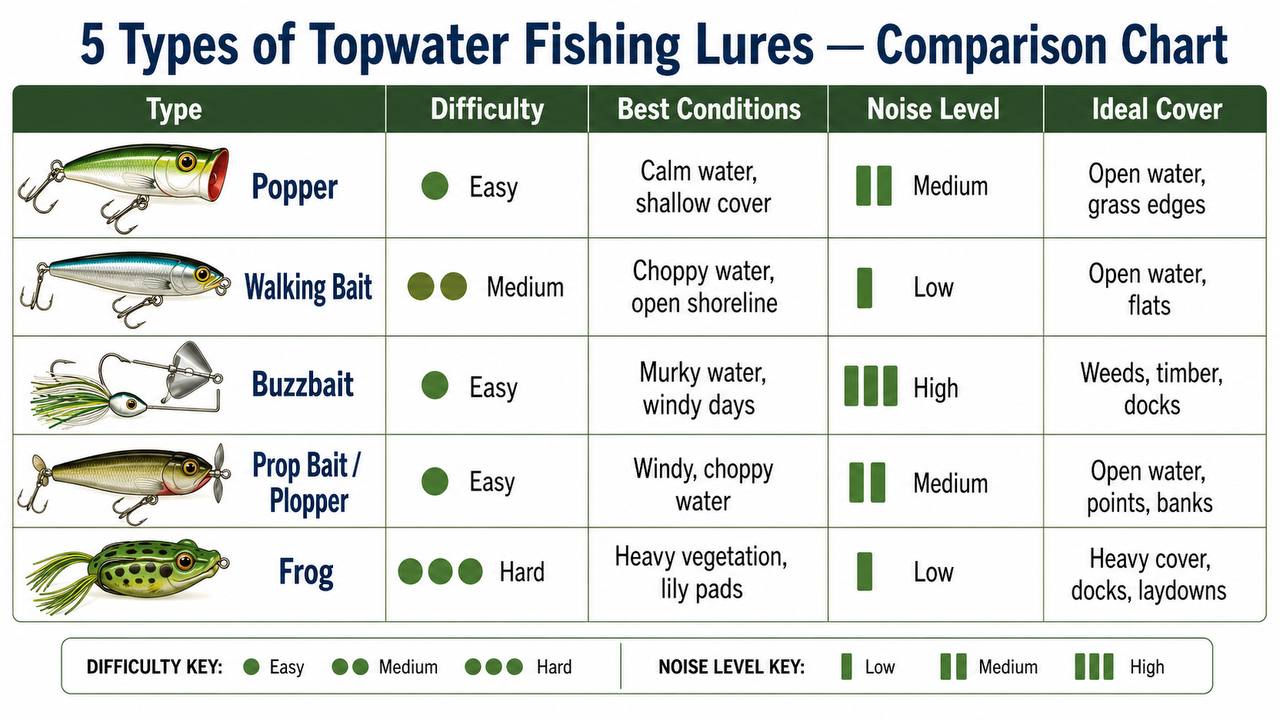 Comparison chart showing five topwater lure types with difficulty ratings and best-use conditions