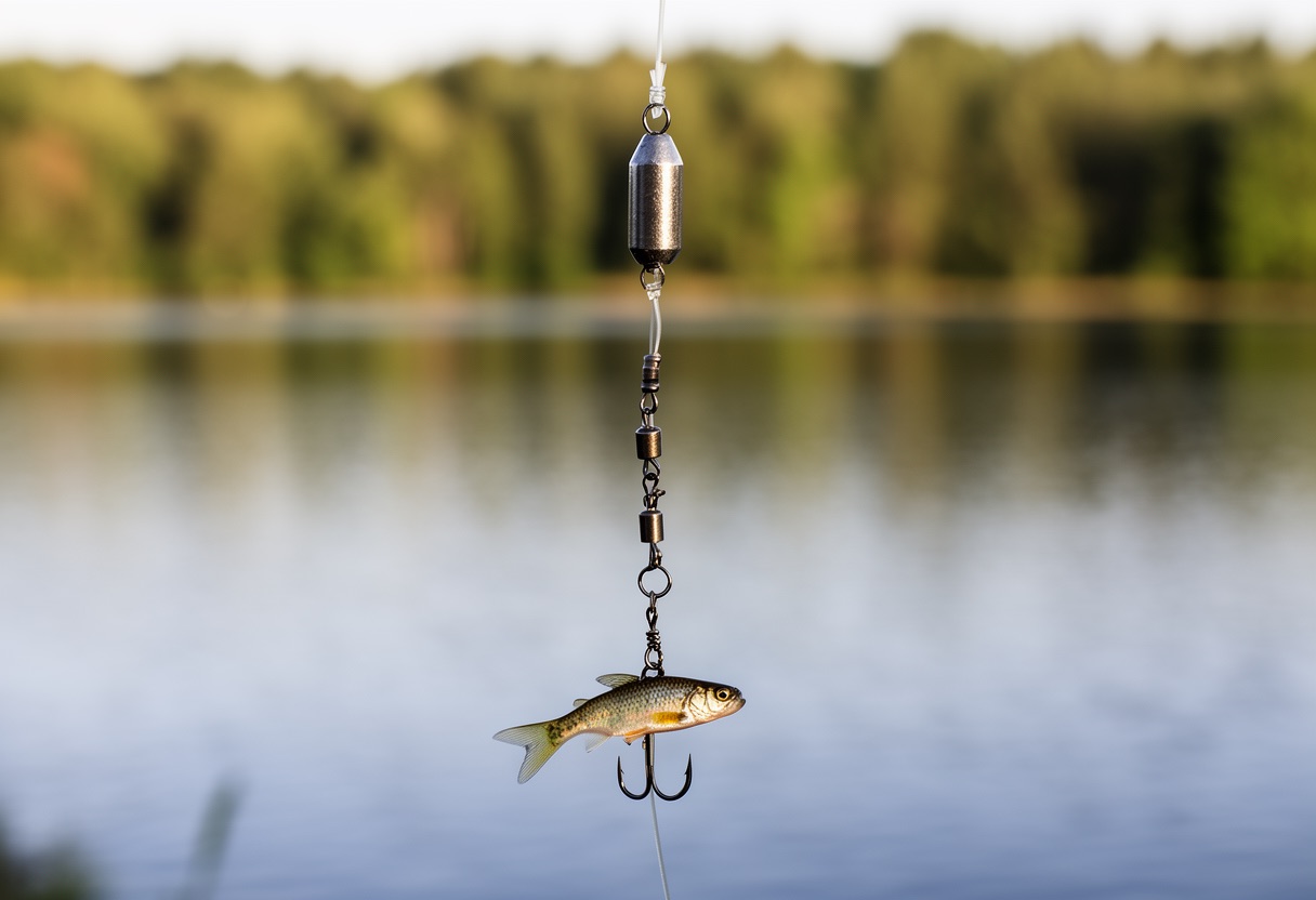 Close-up of a slip-sinker rig with inline sinker, swivel, leader, hook, and minnow bait