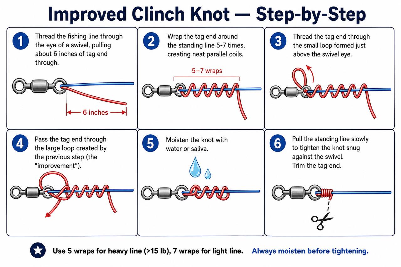 Step-by-step diagram showing how to tie an Improved Clinch knot on a fishing hook, numbered steps 1 through 6