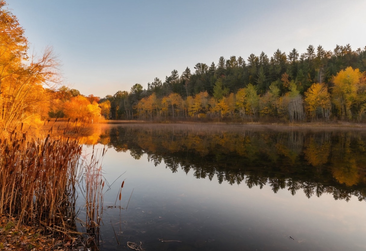 Calm freshwater lake at golden hour with seasonal shoreline vegetation