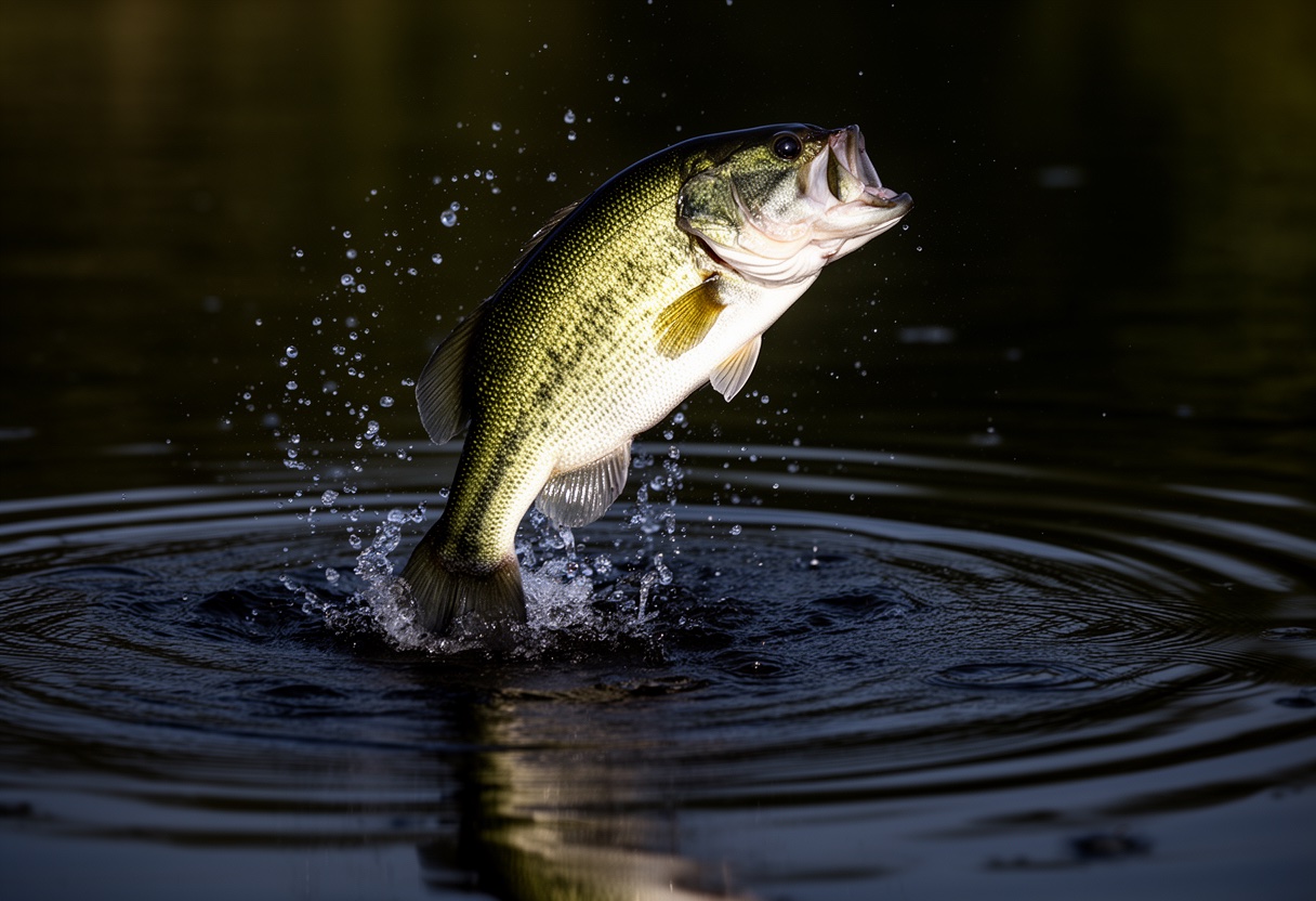 Largemouth bass leaping from water, hooked and fighting during a casting