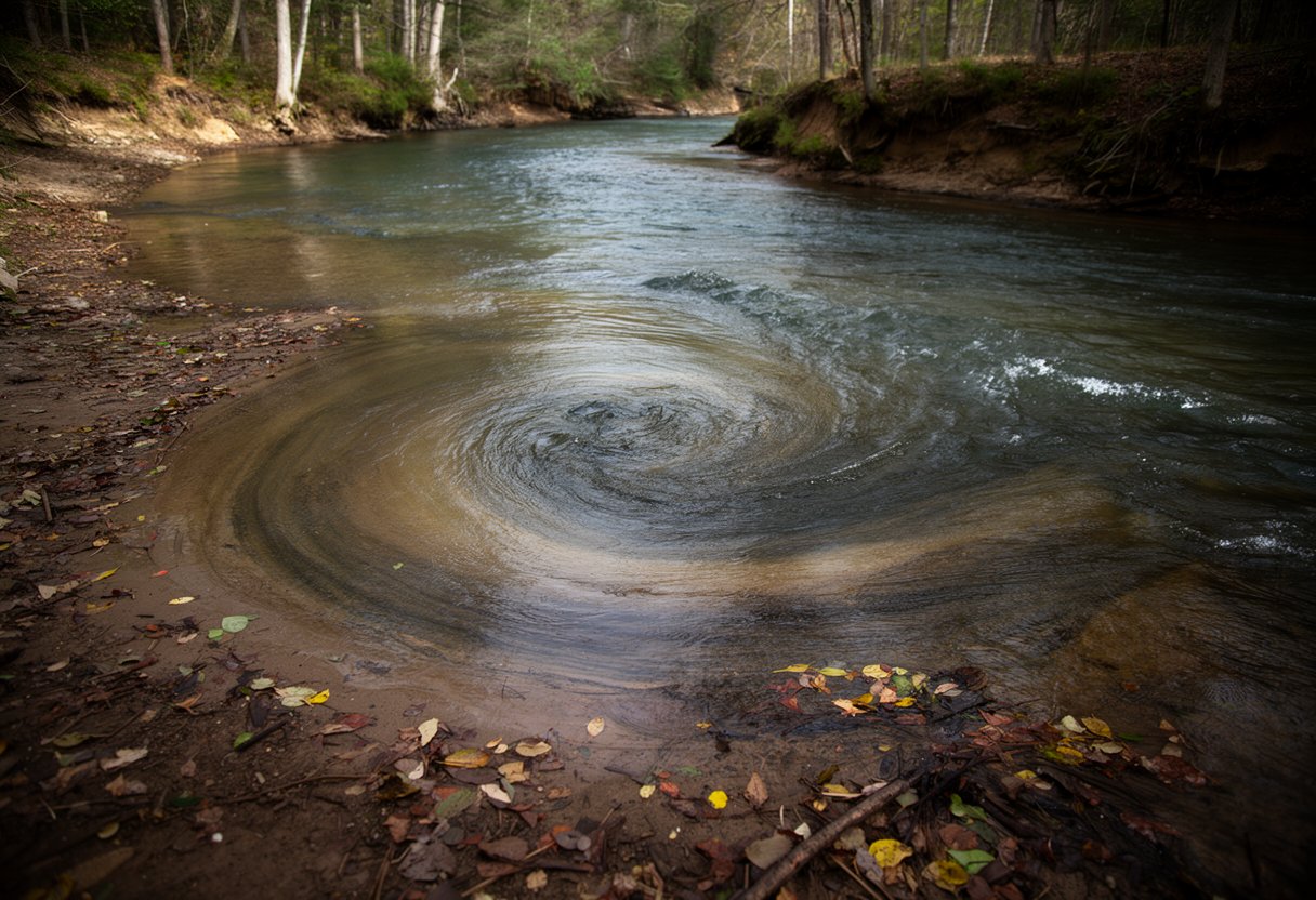 River bend with visible eddy and current seam from angler perspective